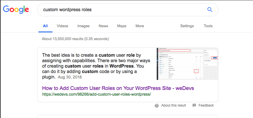 featured snippets for Google search page