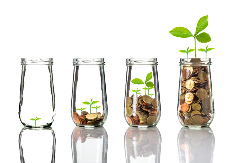 up market coins and plants in jars