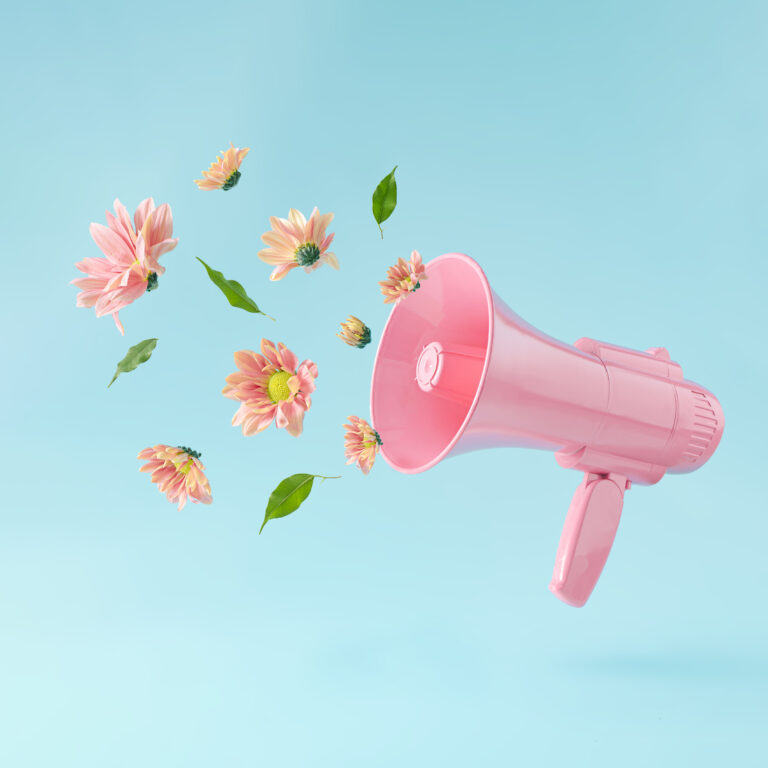 copy layout pink megaphone with flowers